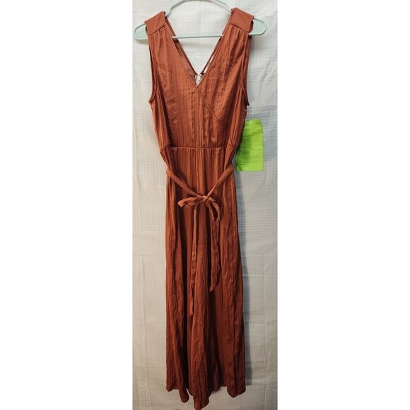Nine West Medium Romper Jumpsuit Brown Deep Pleated Belted Wrap Party Wide Leg - Picture 1 of 11
